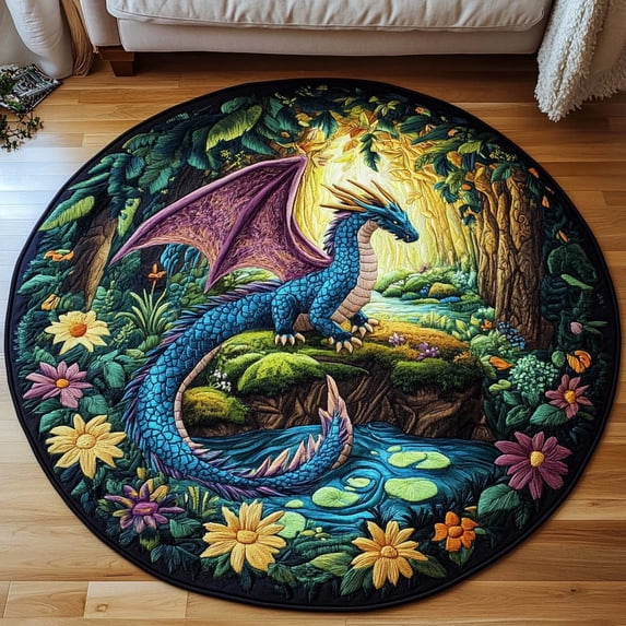 Dragon Texture Rug Dragon Oath Quilted Round Mat, Dragon Fantasy Round Floor Mat, Mythical ...