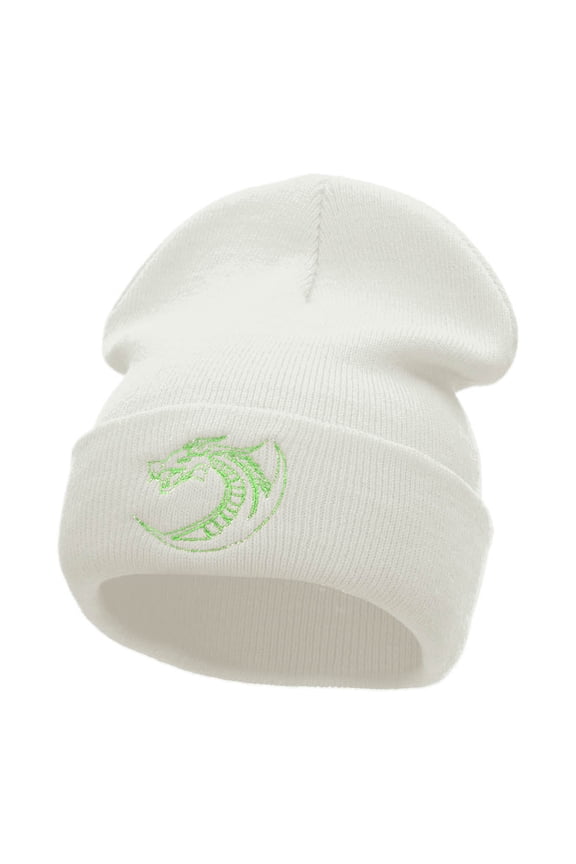 Dragon Outline Embroidered 12 Inch Long Knitted Beanie - White OSFM