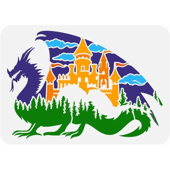 Dragon Painting Stencil 8.3x11.7 inch Reusable Forest Castle Silhouette Pattern Drawing Template Wing Dragon and Castle Decoration Stencil for Painting on Wood Wall Fabric Furniture colorful