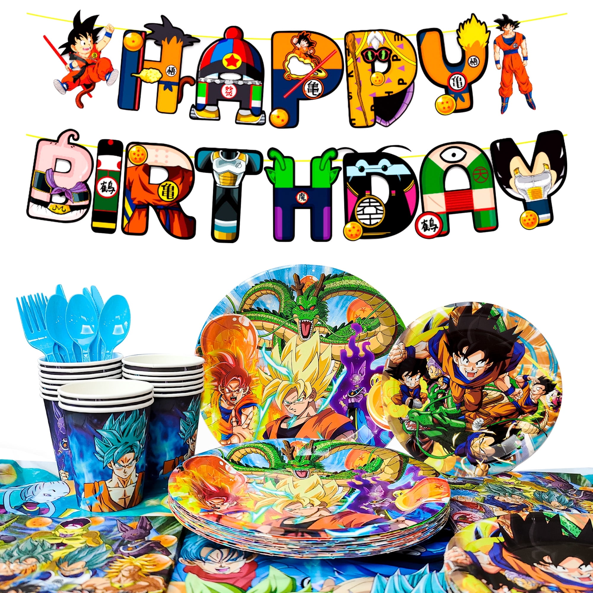 Dragon Party Supplies Tableware,128pcs Dragon Cartoon Birthday Party Decoration Tableware Set- Dragon Party Decorations Banner,Dragon Cartoon Party Plates Cups Table Cloth etc Goku Party Decorations