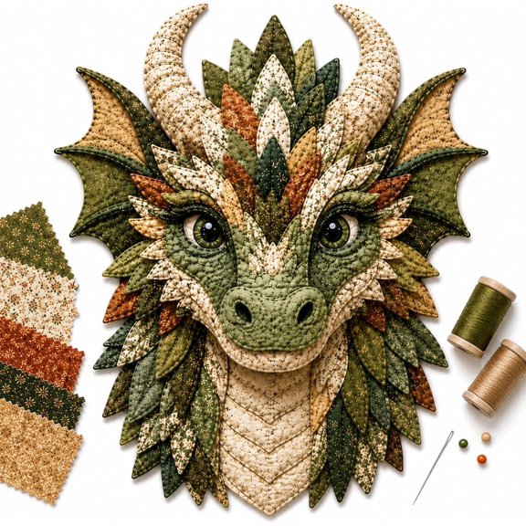 Dragon Patchwork DIY Kit, Beginner Fabric Sewing Set with Pattern (C1PC) | Pre-cut fabric, felt, needle and guide help beginners create a layered dragon plush for fantasy decor or gifting.