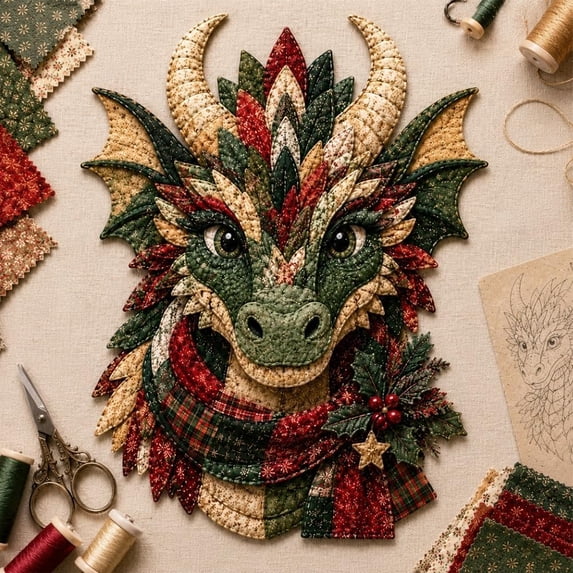 Dragon Patchwork DIY Kit, Fabric Sewing Craft Set for Beginner | Mystical Animal Wall Decor, Handmade Quilted Art Project, Woodland Fantasy Gift for Adults, Fairy Enchanted(#A)