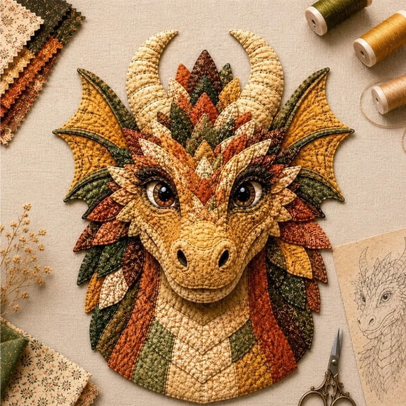 Dragon Patchwork DIY Kit, Fabric Sewing Craft Set for Beginner | Mystical Animal Wall Decor, Handmade Quilted Art Project, Woodland Fantasy Gift for Adults, Fairy Enchanted(#C)