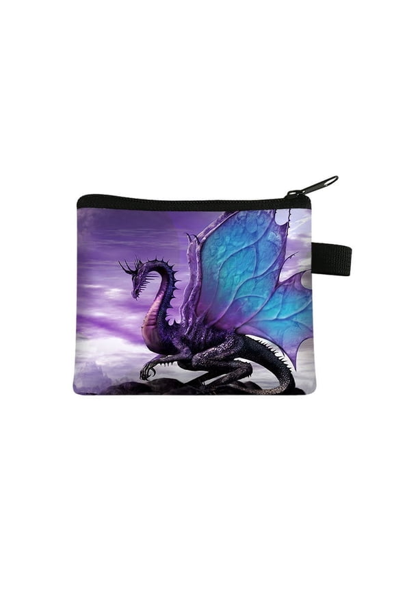 Dragon Pattern Polyester Wallets with Zipper Change Purse Clutch Bag for Women Medium Purple 13.5x11cm