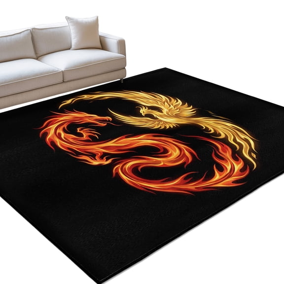 Dragon Phoenix 4x6ft Non Slip Area Rug Modern Mythical Mysterious Gold Red Symbolic Black Washable Soft Area Rugs for Living Room, Indoor Circle Carpet for Bedroom Dining Room Kitchen