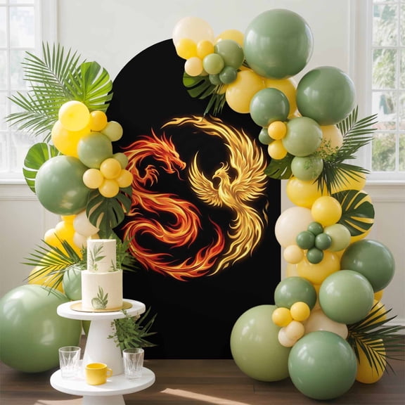 Dragon Phoenix Arch Backdrop Cover, 4FT, Modern Mythical Mysterious Gold Red Symbolic Black Spandex Arch Covers Double-Sided Backdrop for Wedding Birthday Party Photo Background Decoration