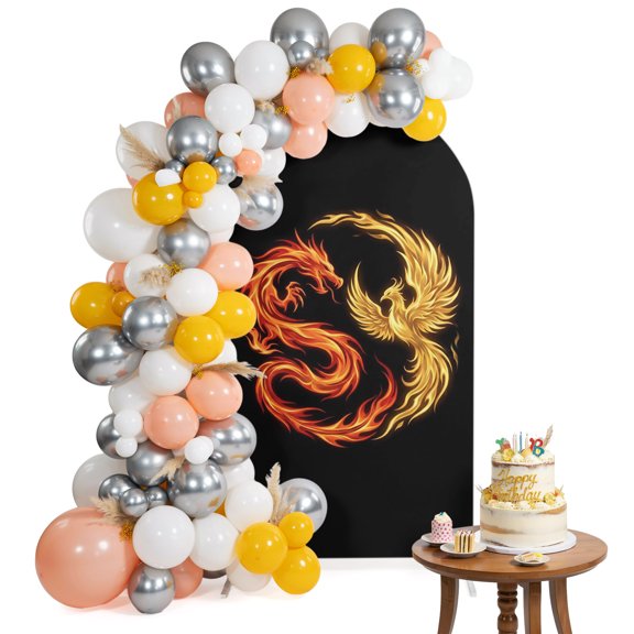 Dragon Phoenix Arch Backdrop Cover 4FT Modern Mythical Mysterious Gold Red Symbolic Black Spandex Fitted Arch Covers Stretchy Backdrop Decoration for Wedding Birthday Graduation Party