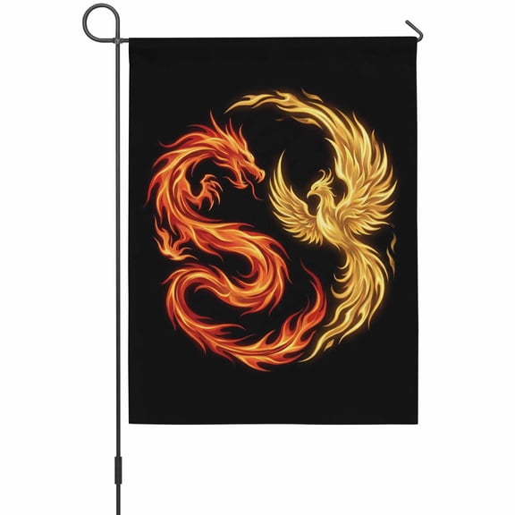 Dragon Phoenix House Flag 28 x 40 Inches, Modern Mythical Mysterious Gold Red Symbolic Black Weather Proof Outdoor Patio Flags Double Sided Small House Decoration for Yard Lawn Outside Home