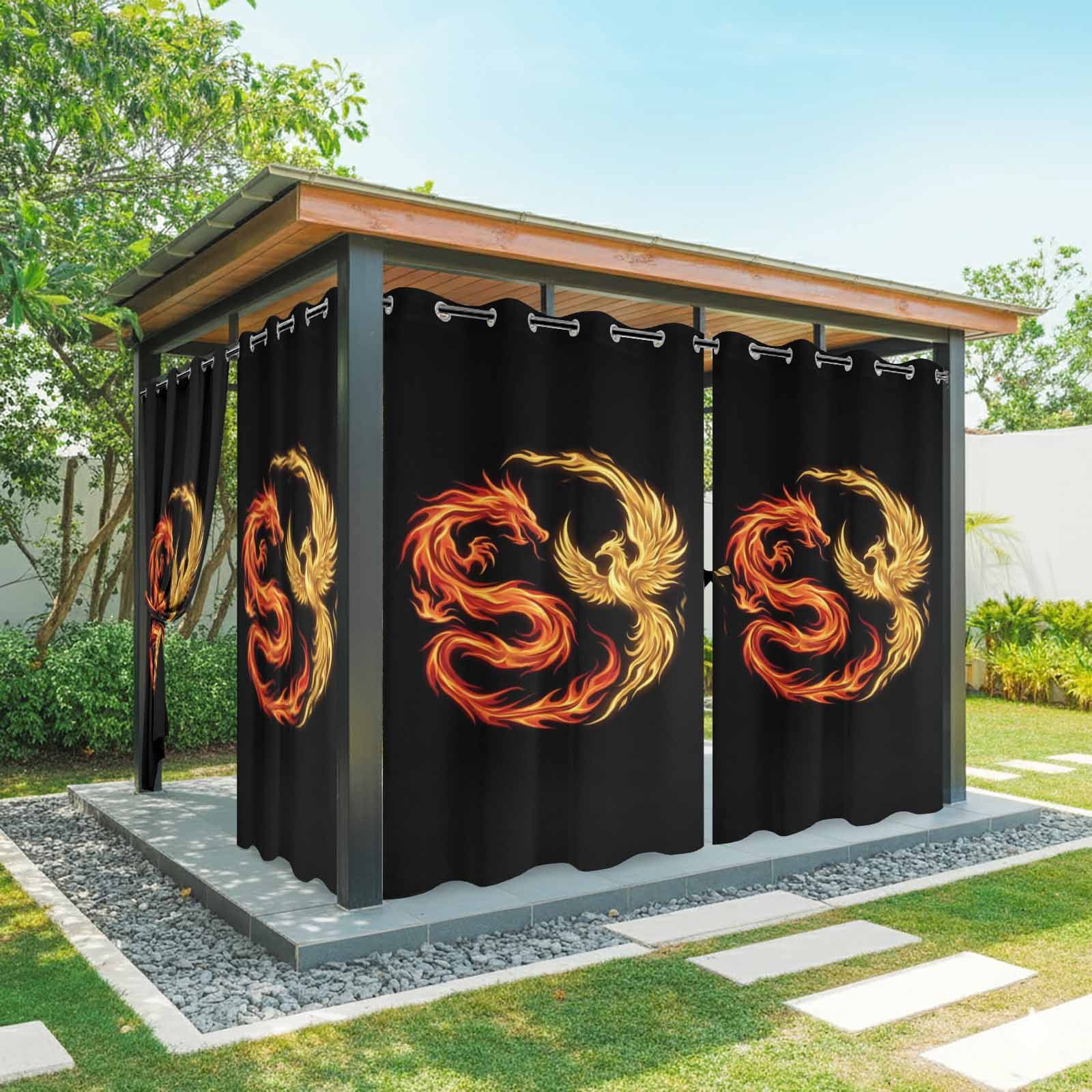 Dragon Phoenix Outdoor Curtains for Patio, Modern Mythical Mysterious Gold Red Symbolic Black Sunshade Privacy Drapes Grommet Waterproof Outside Curtains for Porch/Cabana/Balcony 54"x 108", 1 Panel