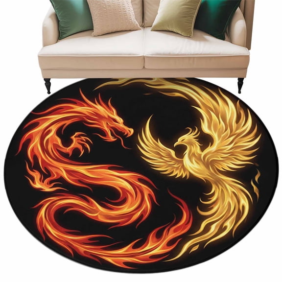 Dragon Phoenix Round Living Room Rugs 7 ft, Modern Mythical Mysterious Gold Red Symbolic Black Washable Area Rug with Non-Slip Sturdy Edge Binding Round Carpet for Kitchen Office Bedroom