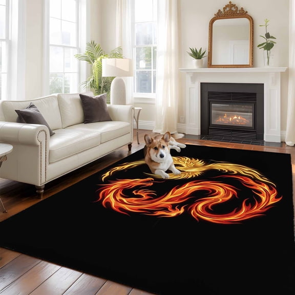 Dragon Phoenix Washable Area Rug 5x8 Modern Mythical Mysterious Gold Red Symbolic Black Low-Profile Large Area Rugs with Non Slip Backing Indoor Floor Carpet for Entrance Living Room Bedroom
