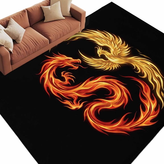 Dragon Phoenix Washable Living Room Rugs 5'x8', Modern Mythical Mysterious Gold Red Symbolic Black Low Pile Throw Large Area Rug Non-Slip Sturdy Edge Binding Carpet for Living Room Kitchen Office