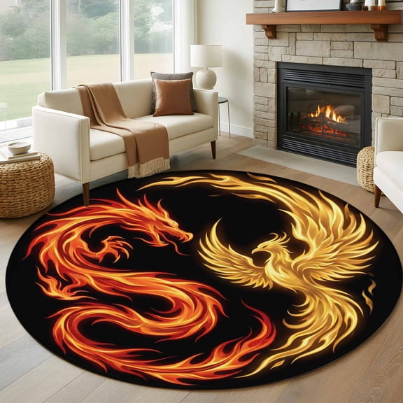 Dragon Phoenix Washable Round Area Rug 5 ft, Modern Mythical Mysterious Gold Red Symbolic Black , Soft Non Slip Rugs Stain Repellent Indoor Felt Carpet for Living Dining Room Bedroom Home Office