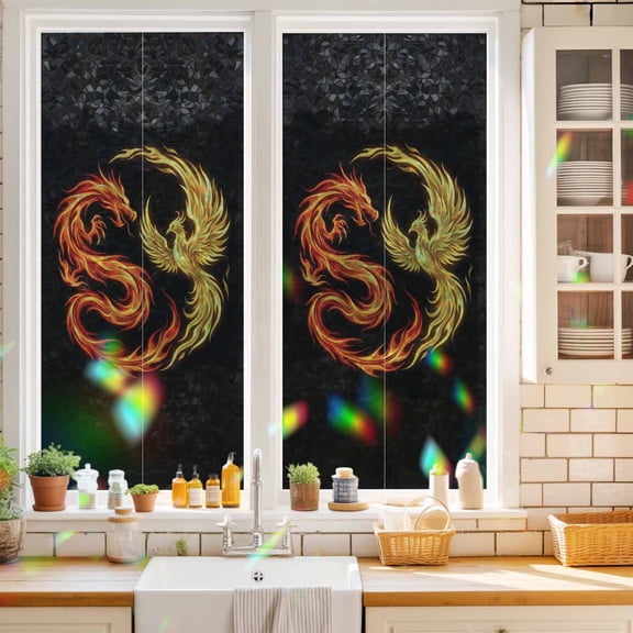 Dragon Phoenix Window Privacy Film Modern Mythical Mysterious Gold Red Symbolic Black Static Cling Stained Glass Window Film Non-Adhesive Decorative Decals Rainbow Sticker 17.7"X39.3"