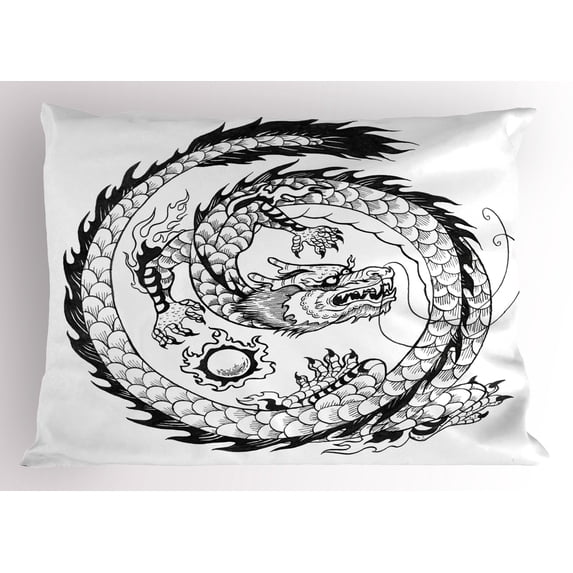 Dragon Pillow Sham Ethnic Asian Japanese Swirled Dragon Pattern Folk Heritage Spiritual Illustration, Decorative Standard Queen Size Printed Pillowcase, 30 X 20 Inches, Black White, by Ambesonne