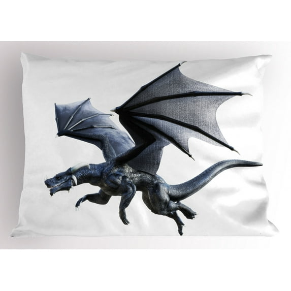 Dragon Pillow Sham Fantastic Creature Flying Digital Effects Featured Legendary Wings Illustration, Decorative Standard Queen Size Printed Pillowcase, 30 X 20 Inches, Charcoal Grey, by Ambesonne