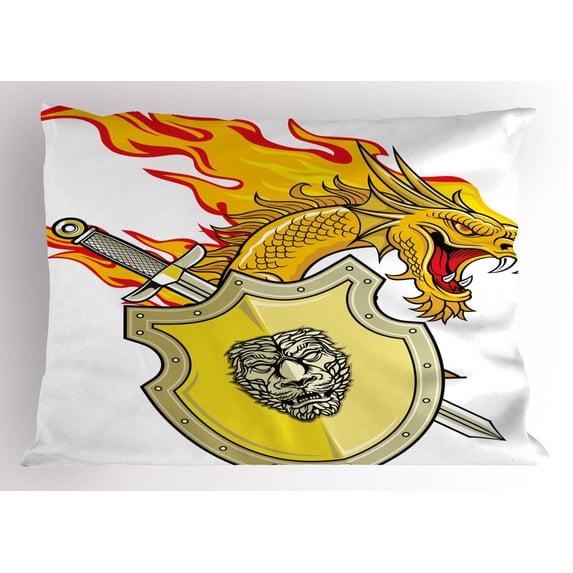 Dragon Pillow Sham Legendary Creature with Royal Shield Sword Hero Knight Medieval Print, Decorative Standard Size Printed Pillowcase, 26 X 20 Inches, Marigold Pistachio Green, by Ambesonne