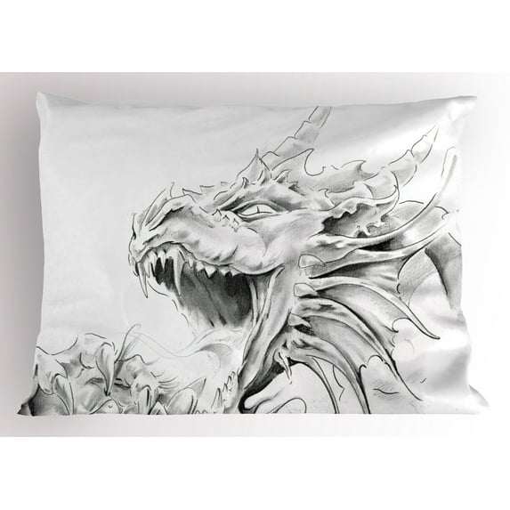 Dragon Pillow Sham Sketch of A Medieval Spiritual Character Mythological Creature Abstract Design, Decorative Standard King Size Printed Pillowcase, 36 X 20 Inches, Pale Grey White, by Ambesonne
