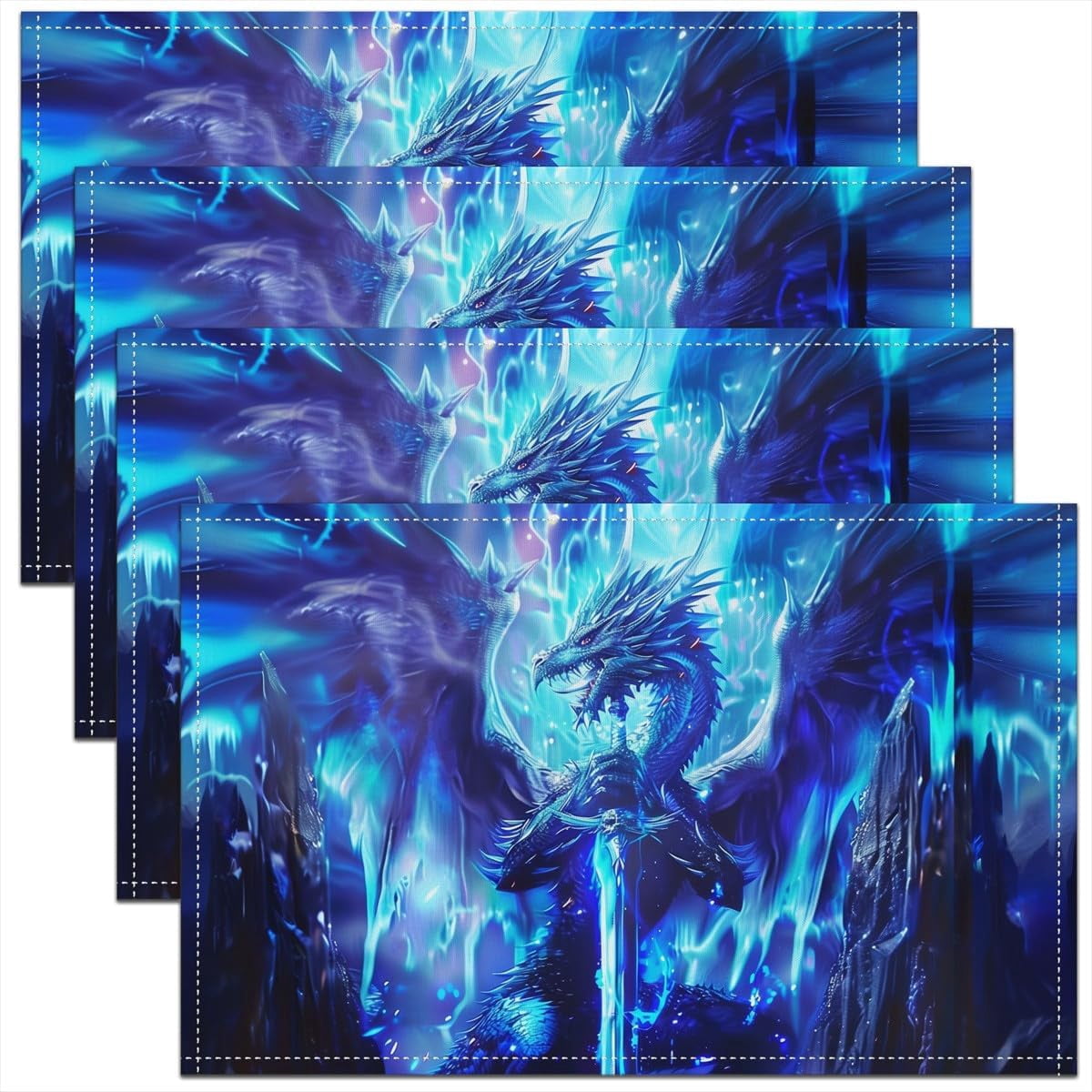 Dragon Place Mats 12x18 Inch Set of 4 Neon Light Blue Lightning Diamond ...