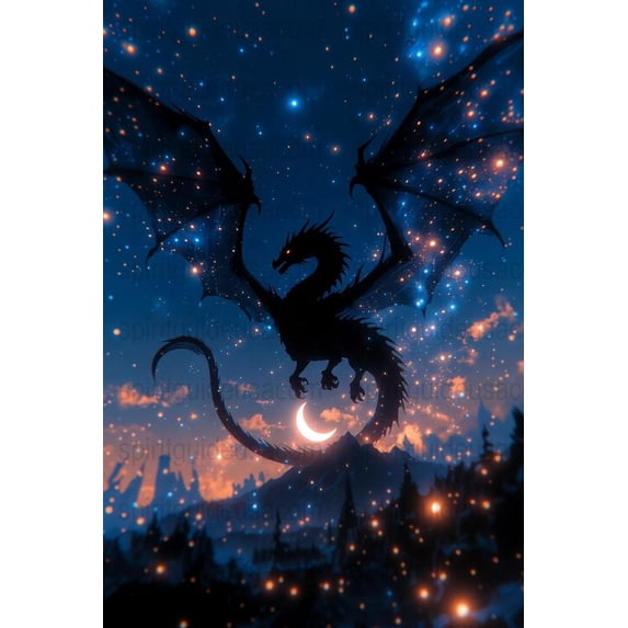 Dragon Poster, Night Sky Art Print, Fantasy Wall Decor, Mythical ...