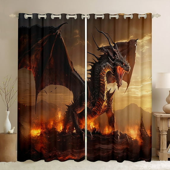 Dragon Print Blackout Curtains Teen Curtains & Drapes, 3D Printed Curtains Jungle Fire Black Out Curtains, Magical Pterosaur Window Drapes Dragon Gifts, Black Brown
