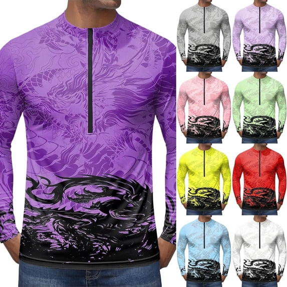 Dragon Print Quarter Zip Pullover for Men, Long Sleeve Athletic Jersey with Breathable Quick Dry Fabric - Slim Fit Cool Motorcycle Cycling Workout Tops Light Green S