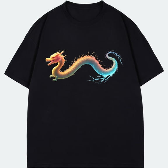 Dragon Print T Shirt Black Colorful Dragon Design For Casual Wear And Everyday Use