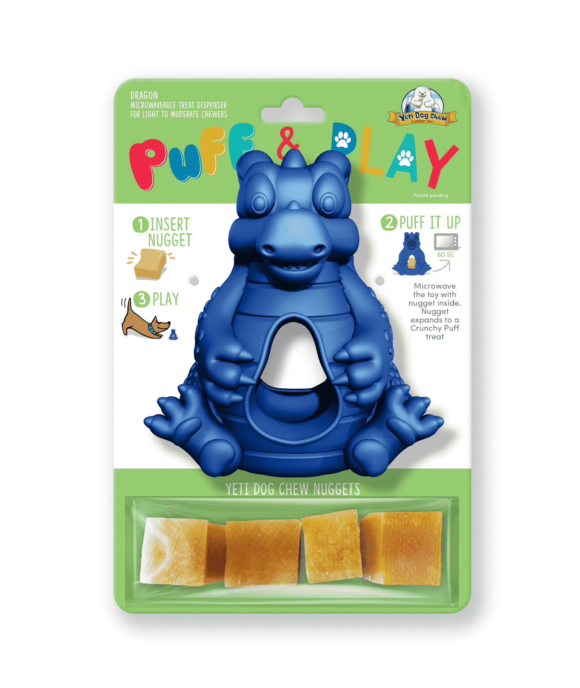Yeti Dog Chew Puff and Play Interactive Treat Dispensing Dog Toy, Dragon, Blue