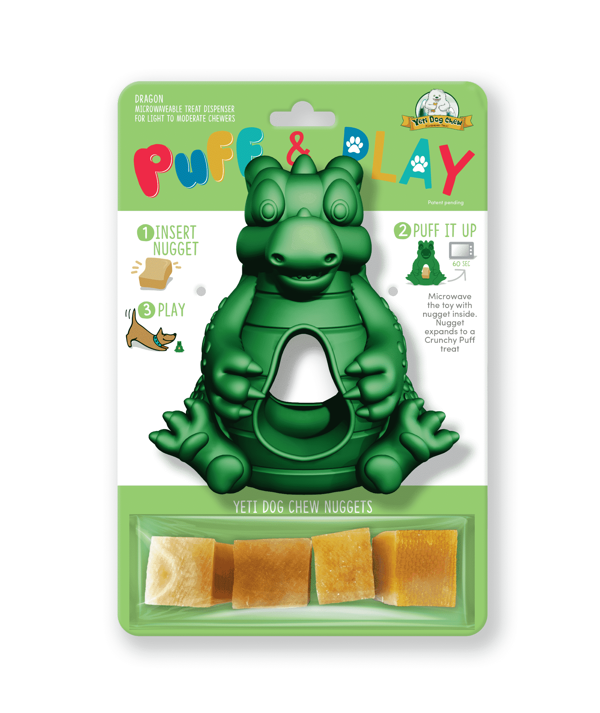 Yeti Dog Chew Puff and Play Interactive Treat Dispensing Dog Toy, Dragon, Green