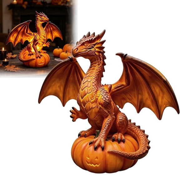 Dragon Pumpkin Lamp Style Figurine, Gothic Resin Dragon Halloween Tabletop Decor, Medieval Fantasy Dragon Statue with Pumpkin Base for Mantel, Shelf, Desk, Coffee Table, Fall Home Decoration