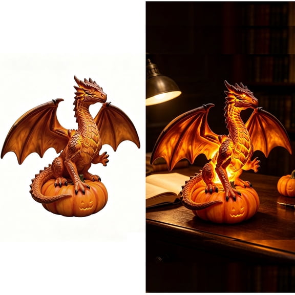 Dragon Pumpkin Ornament Table Lamp, Warm Golden Glow Gothic Medieval Decor, Halloween Fall Resin Dragon Light for Desktop Shelf Home Decor Unique Gift
