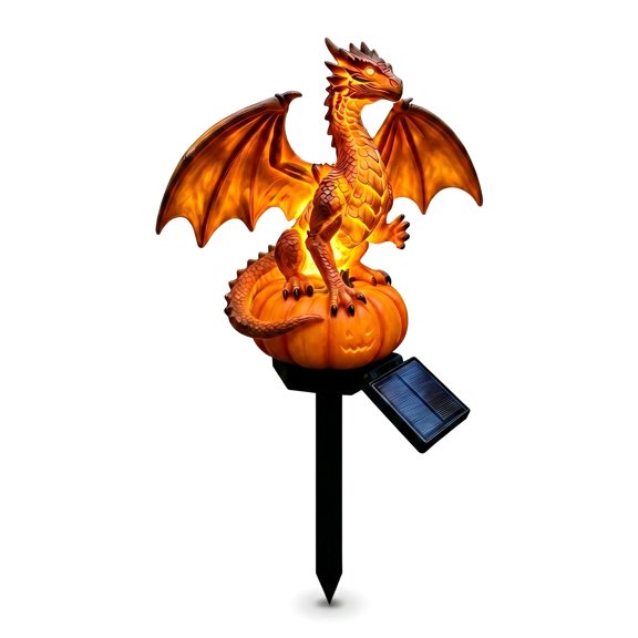 Dragon Pumpkin Solar Garden Light, Solar Dragon Pumpkin Stake Lights Light Sensor Solar Powered LED Lamp, Whimsical Fantasy Dragon Jack O Lantern Statue Light for Halloween Garden Bed Walkway Decor