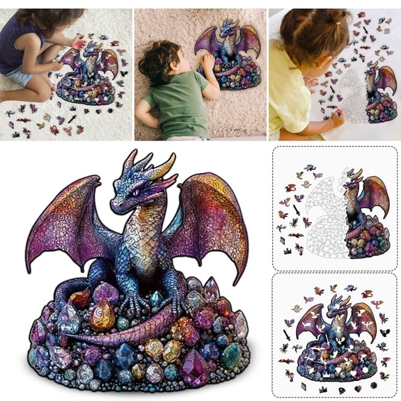 Dragon Puzzle, Iridescent Wooden Puzzle, Crystal Puzzle for Fantasy Lovers, 8X8 Inch Gemstone Base Mythical Dragon, Textured Shimmery Puzzle Ideal for Quiet Solo Leisure Time