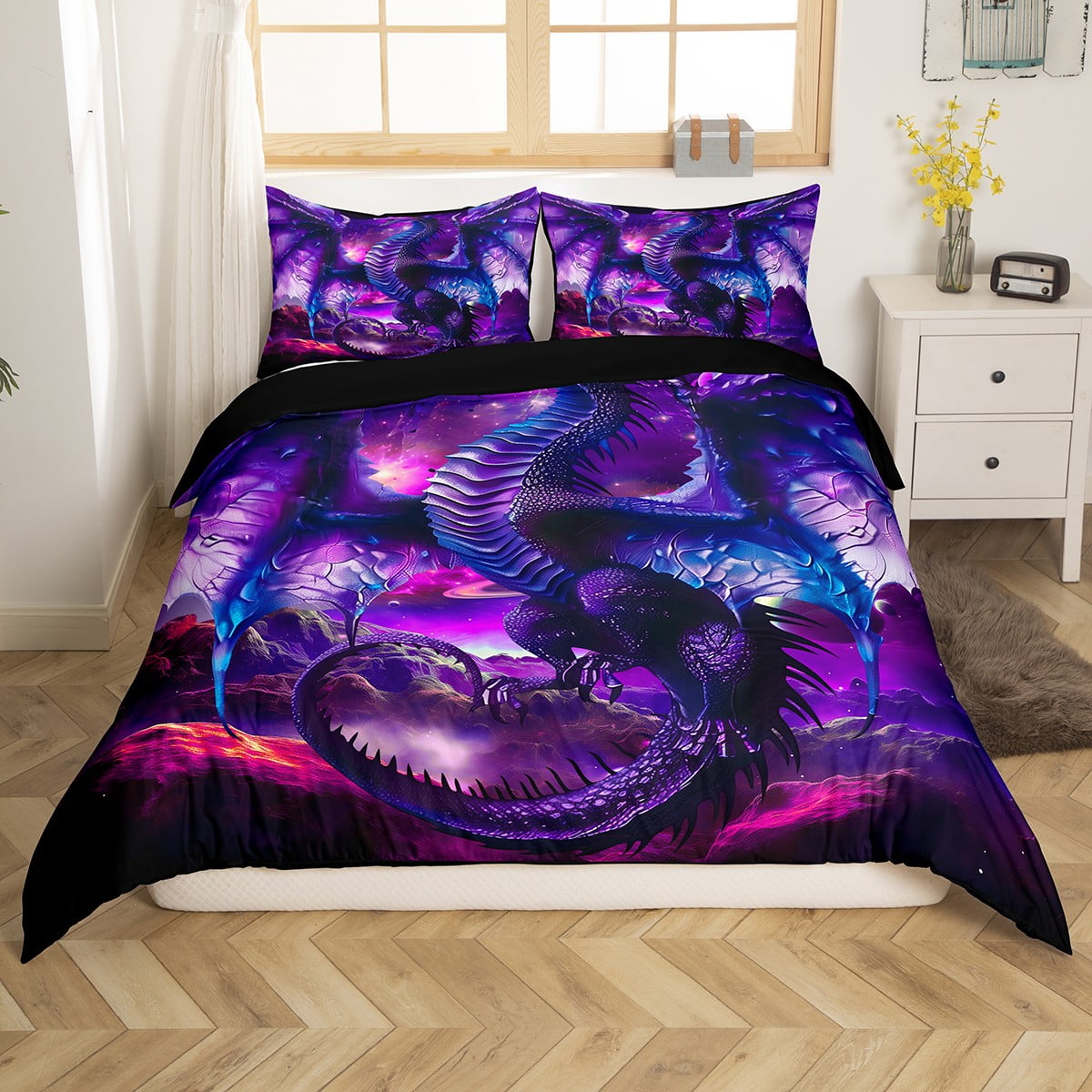 Dragon Queen Bedding Sets for Girls,Vintage Dreamy Blue Dragon Wings
