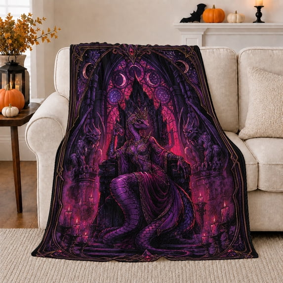 Dragon Queen on Purple Throne with Moon, Gothic Fantasy Style for Mythic Art Lovers, Royal Creature Scene and Birthday Gift, Soft Flannel Blanket for Studio, Home Decor