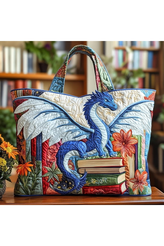 Dragon Quilted Tote Bag, Fantasy Art Shoulder Bag, Reusable Carryall Purse, Gift for Fantasy Lovers