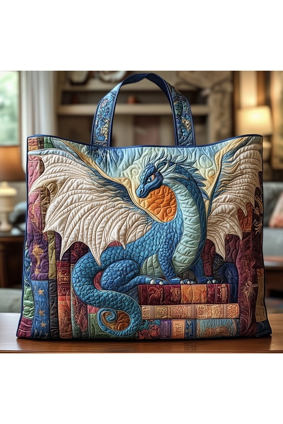 Dragon Quilted Tote Bag, Mythical Everyday Tote, Reusable Grocery Tote, Dragon Lover Gift