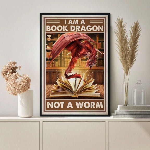 Dragon Reading Book Wall Art, I Am A Book Dragon Not A Worm, Fantastic Dragons Poster Retro, Dragon Home Wall Decor, Painting Art, Dining Room Wall Decor Ideas, Art Deco Frameless 20x30inch
