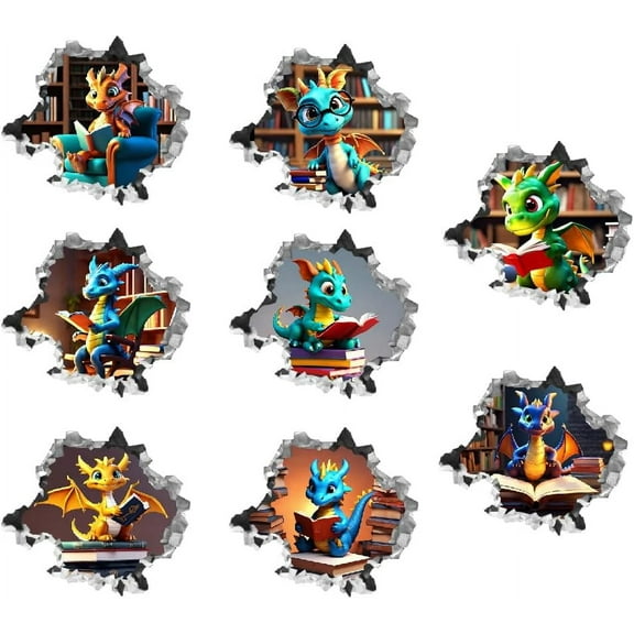 Dragon Reading Book Wall Decor 3D Dragon in The Hole Decal Wall Stickers Funny Animal Stickers for Children Vinyl Peel and Stick Decals for Kids Room Nursery Living Room Decor colorful DIY