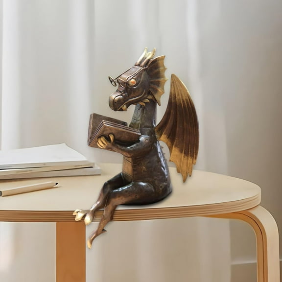 Dragon Reading Books Home Decor Ornament wearing Collectible Sculpture Figurine Fairy Miniature Dragon Sculpture for Garden Bedroom Bookshelf