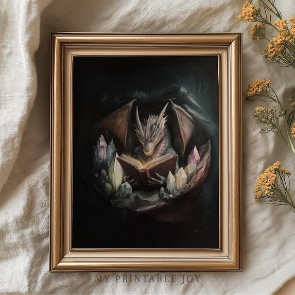 Dragon Reading In Crystals Wall Art, Moody Fantasy, Witchy Gothic ...