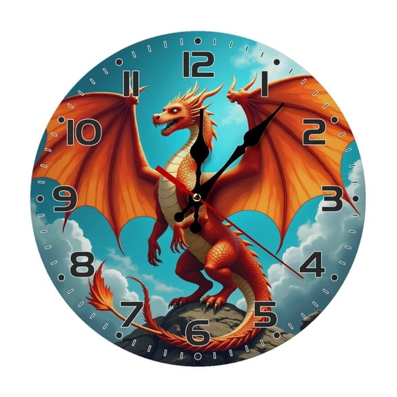 Dragon Red Orange Wall Clock 10 Inch Silent Non Ticking Round Wooden Clock Decoration for Living Room Kitchen Bedroom Bathroom Office Classroom