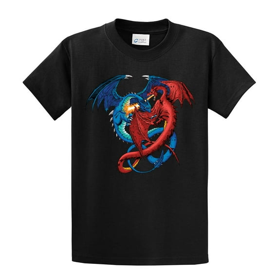 Dragon Red and Blue Dragons Fighting Fantasy Mythical Mother Draco Fire Breathing Serpent -Black-XXL