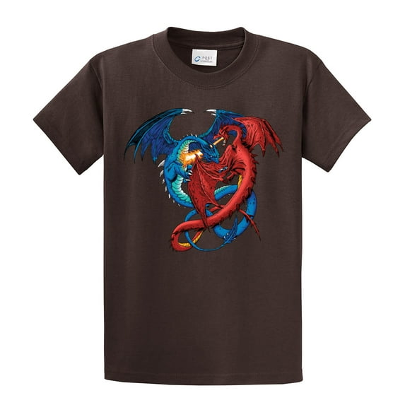 Dragon Red and Blue Dragons Fighting Fantasy Mythical Mother Draco Fire Breathing Serpent -Brown-Small
