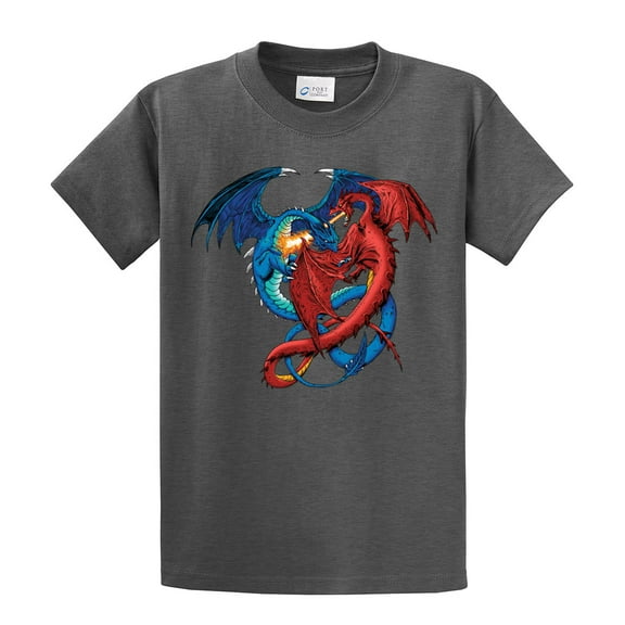 Dragon Red and Blue Dragons Fighting Fantasy Mythical Mother Draco Fire Breathing Serpent -HeatherGray-Large