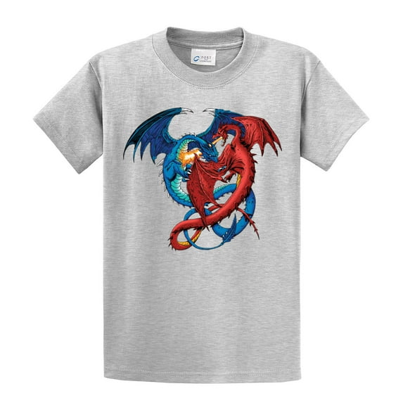 Dragon Red and Blue Dragons Fighting Fantasy Mythical Mother Draco Fire Breathing Serpent -Lightgrey-XXL