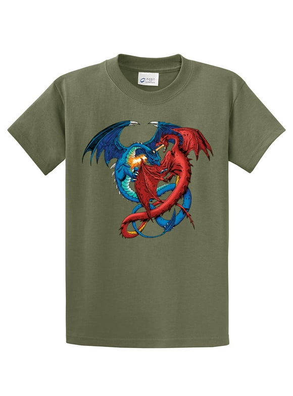 Dragon Red and Blue Dragons Fighting Fantasy Mythical Mother Draco Fire Breathing Serpent -Military-Large