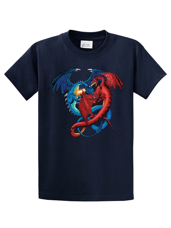Dragon Red and Blue Dragons Fighting Fantasy Mythical Mother Draco Fire Breathing Serpent -Navy-Small