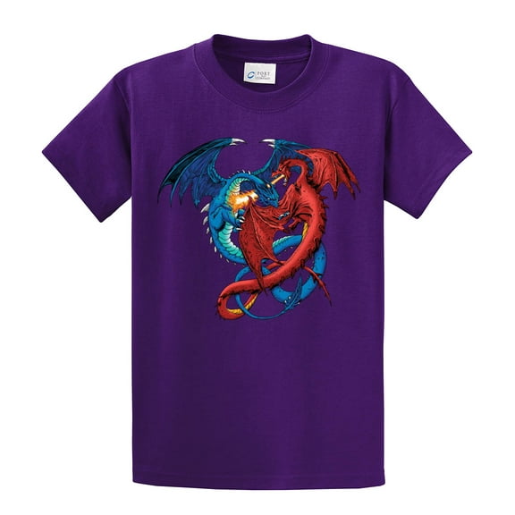 Dragon Red and Blue Dragons Fighting Fantasy Mythical Mother Draco Fire Breathing Serpent -Purple-Medium