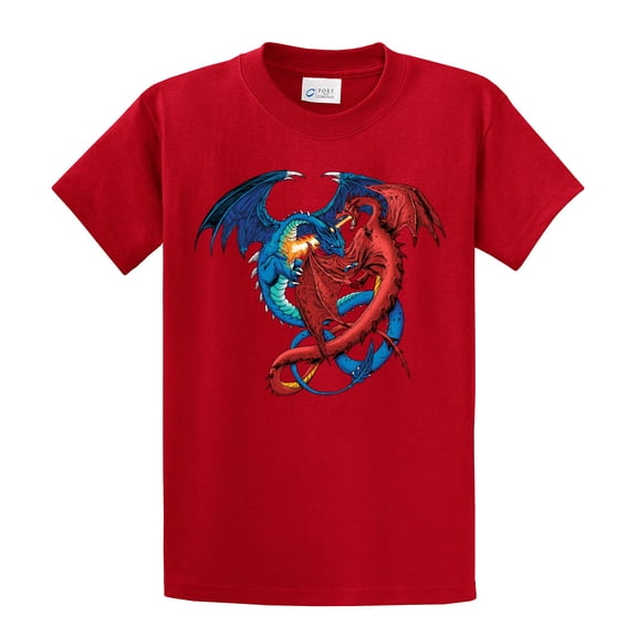 Dragon Red and Blue Dragons Fighting Fantasy Mythical Mother Draco Fire Breathing Serpent -red-XXL